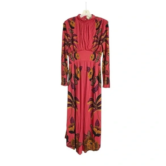 Farm Rio Living Bloom Maxi Dress Long Sleeve Red Jersey Size Large - Picture 6 of 11